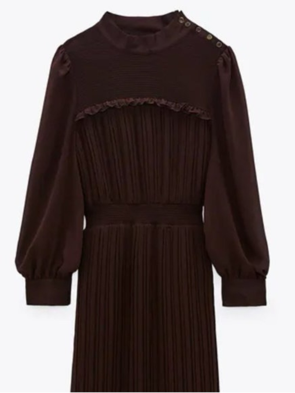Zara Long Sleeve Pleated Midi Dress in Dark Brown